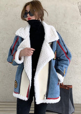 French Blue Zip Up Denim Patchwork Kunstpelz Wintermantel